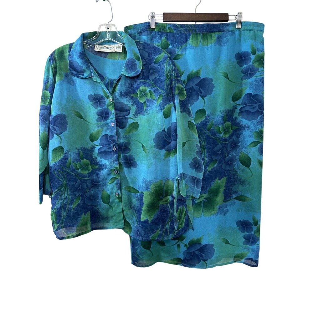 Patchington 3 Piece Skirt Set‎ Womens Blue Green Floral Shirt Tank Maxi Skirt XL
